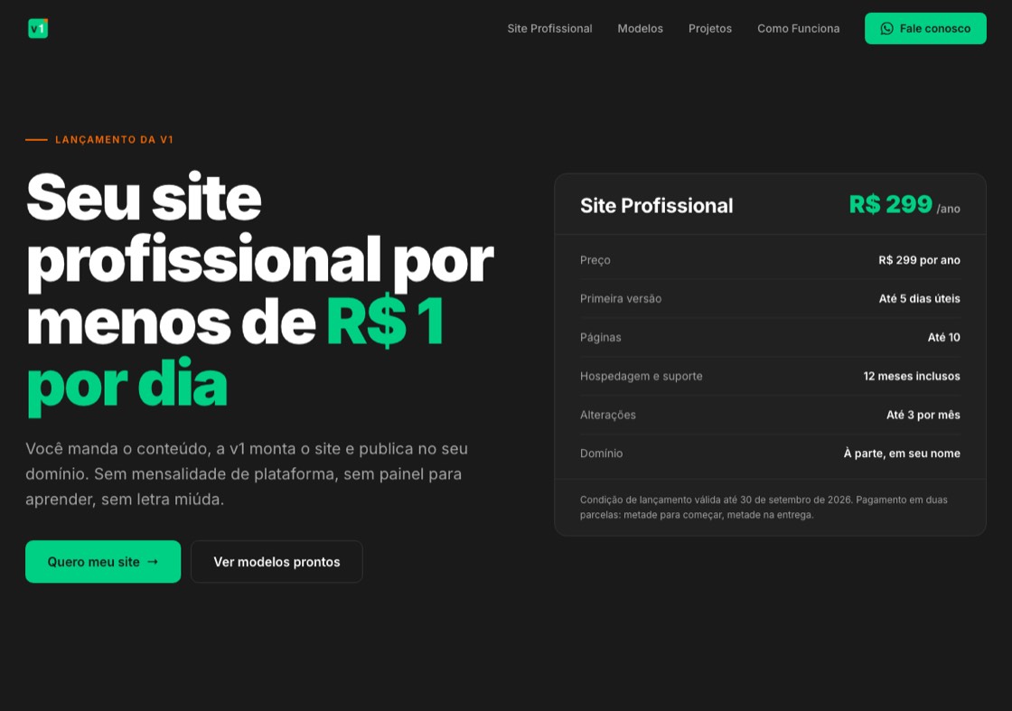 Página inicial do v1br.com: título em Inter Black sobre fundo escuro à esquerda e, à direita, um painel escuro listando preço, prazo de entrega, número de páginas e condições do plano.