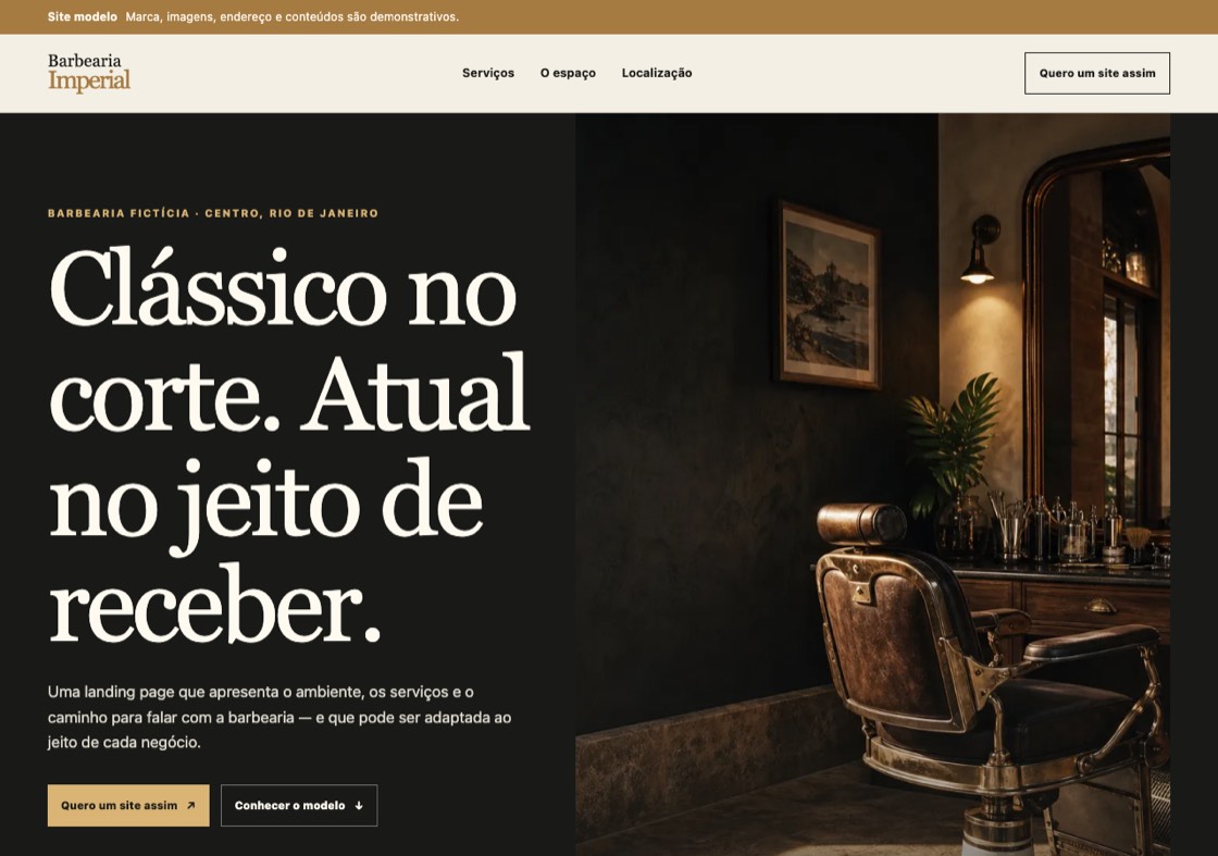 Página inicial da Barbearia Imperial: título em serif clara sobre fundo escuro e foto de uma cadeira de barbeiro antiga em ambiente de madeira.