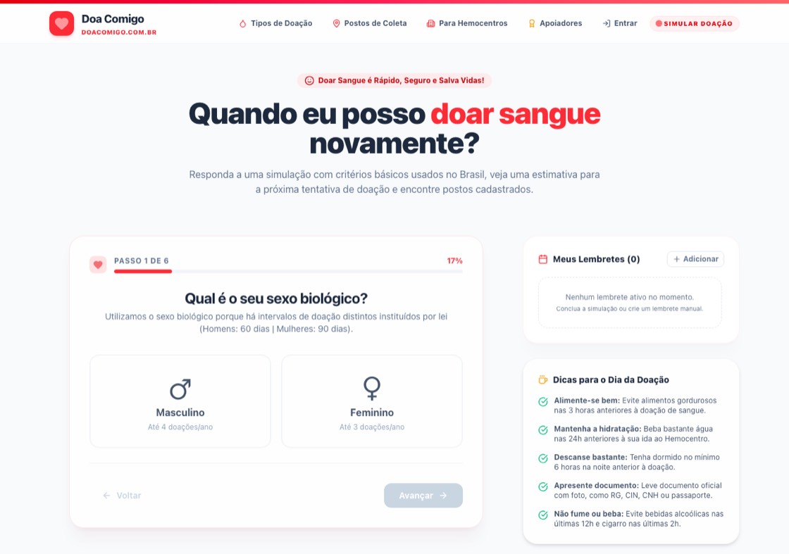 Página inicial do Doa Comigo: título "Quando eu posso doar sangue novamente?" e formulário de simulação em passos.