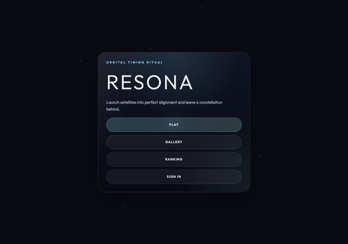 Tela inicial do Resona: título Resona sobre fundo escuro estrelado e botões Play, Gallery, Ranking e Sign in.