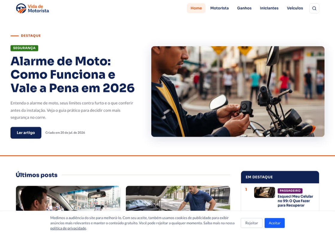 Página inicial do Vida de Motorista: destaque de artigo sobre alarme de moto e grid de últimos posts.